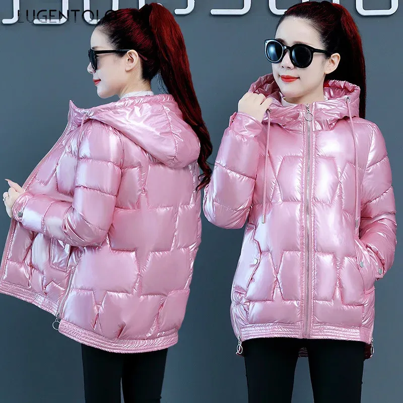 Женские пуховые парки, блестящая парка, корейская свободная зимняя короткая куртка-пуховик на молнии с капюшоном, женское повседневное модное уличное пальто Lugentolo 231201
