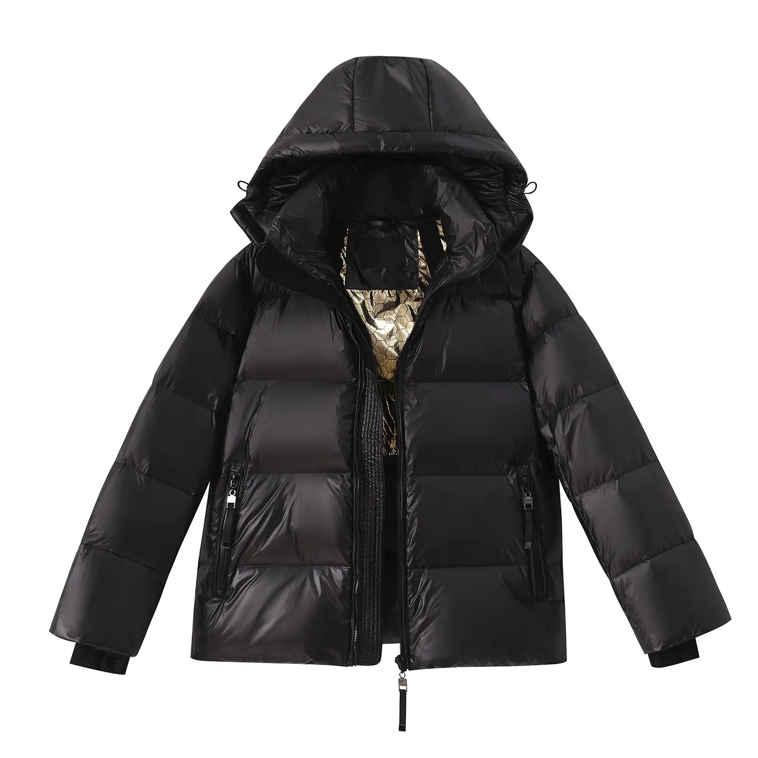 White Goose Down New Couple Hooded Fashion Slim and Thickened Warm Puff Black Gold Short Down Coat for Women