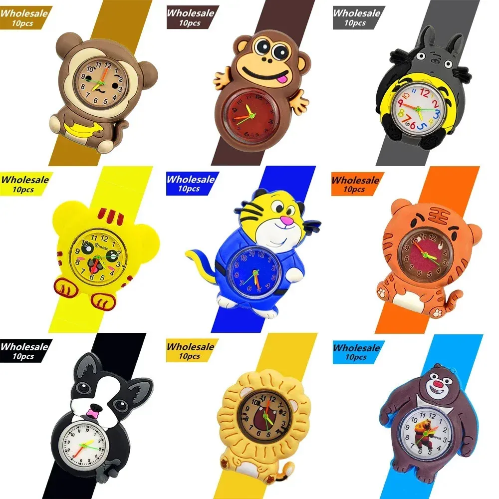 Kinderhorloges 10 PCS Groothandel Cartoon Tiger/Lion Children's Watches Baby Toys Kids Slap Kijk Schattige Monkey/Dog Boy Girl Children Kijk klok 231201