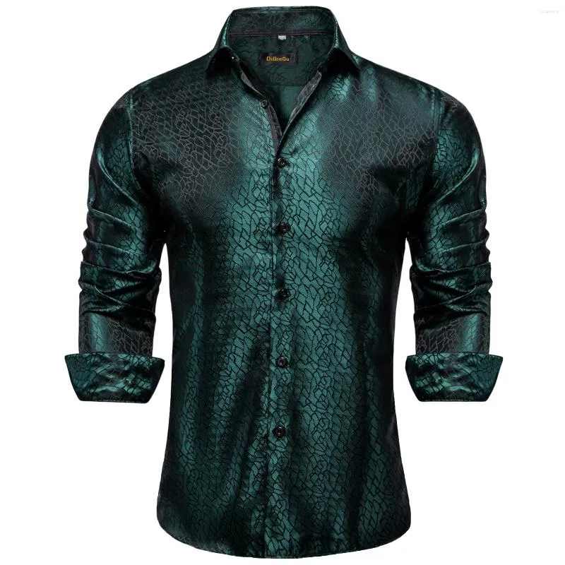 Men's Dress Shirts Dark Green Luxury Designer Silk Shirt Long Sleeve Wedding Prom Men Button Down Collar Blouse Clothing
