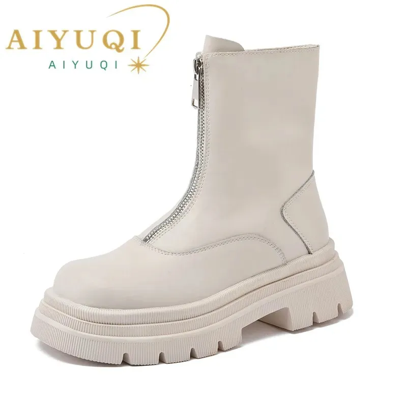 Bottes AIYUQI femmes Chelsea bottes en cuir véritable chaud bottes d'hiver femmes antidérapant Style britannique avant fermeture éclair femmes chaussons 231201