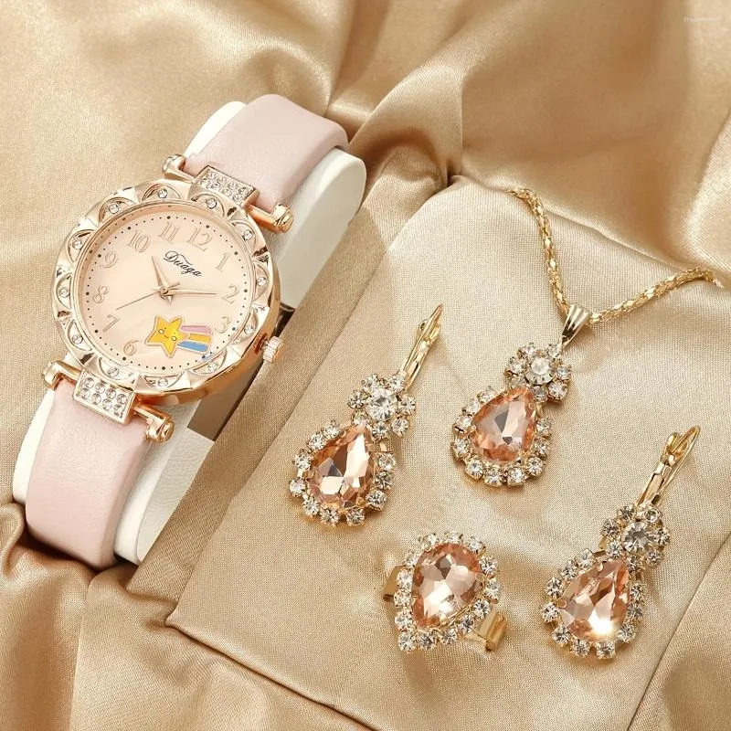 Wristwatches Women's Watch Cute Shooting Star Quartz Sparkling Rhinestone Analog Wrist & 4pcs Jewelry Set Gift For Mom Her