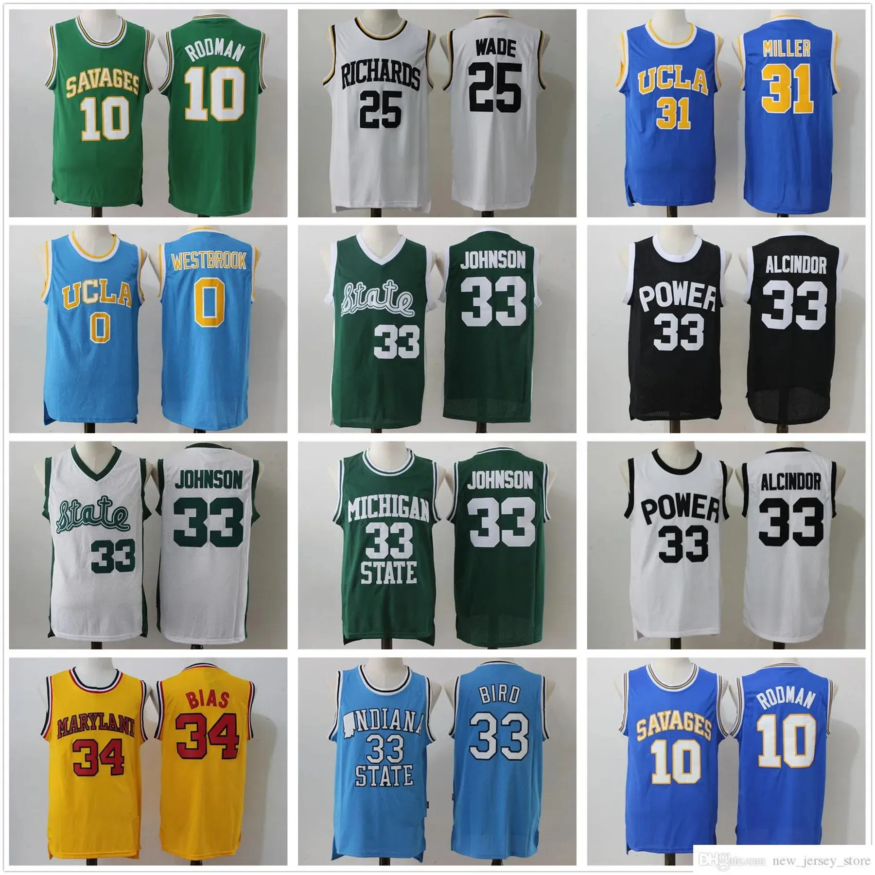 Maglie da basket Ed NCAA College Alcindor 33 Bird 34 Bias Johnson 25 Camicie Wade High School Rodman 10 UCLA Miller 31 Westbrook Jers