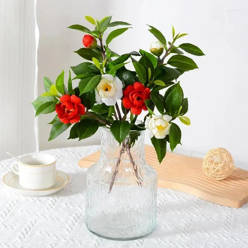 Decorative Flowers Artificial Single Tea Rose Fresh White Camellia Film Bouquet Living Room Table Ornaments Flower Arrangement