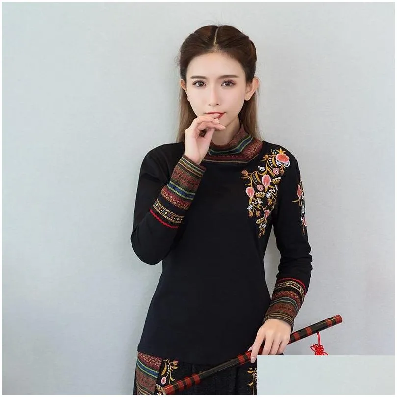 Vêtements ethniques Style chinois Femmes Vêtements 2021 Automne Rétro Broderie Coton Blouse Noir Hanfu Dames Tops 11984 Drop Delivery App Dhvid