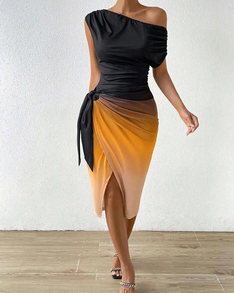 Mode Femmes D'été Chic Dégradé De Couleur Une Épaule À Lacets Asymétrique Sexy Limon Formelle Robe De Soirée Femme