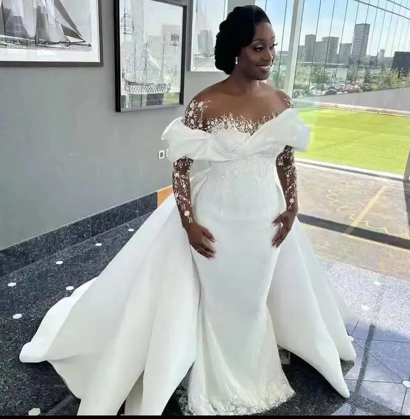 Luxury 2024 Mermaid Wedding Dress Illusion Neck Off Shoulder Lace Pearls Long Sleeve Bridal Gown Custom Vestido De Novia From Donnaweddingdress17 154.56 DHgate.Com