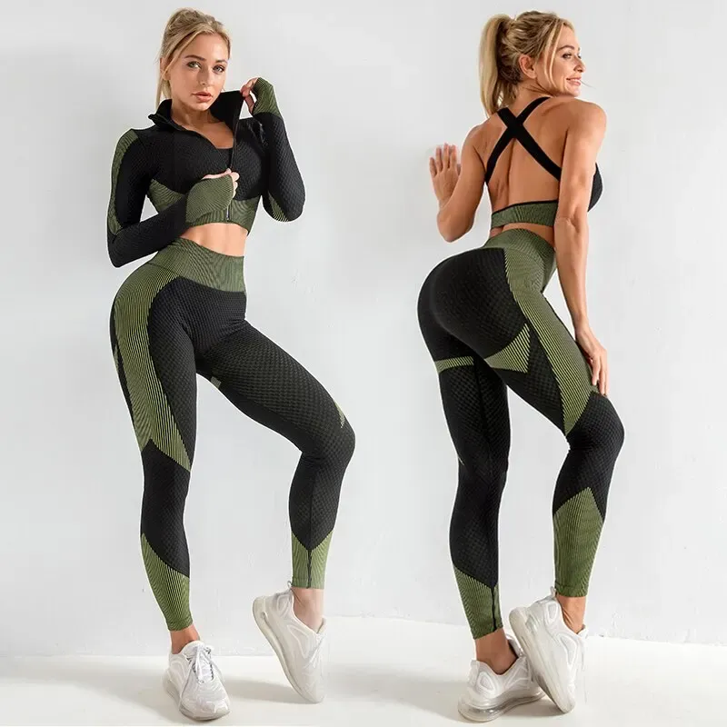 Women 2/3pcs Seamless Workout Outfits Sets Yoga Sportswear Tracksuit Leggings and Stretch Sports Bra Fitness