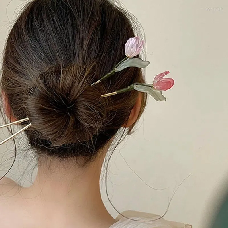 Hair Clips Chinese Style Flowers Stick For Women Vintage Cute Metal Tulip Hairpin Headwear Fashion Jewelry Accessories 2023