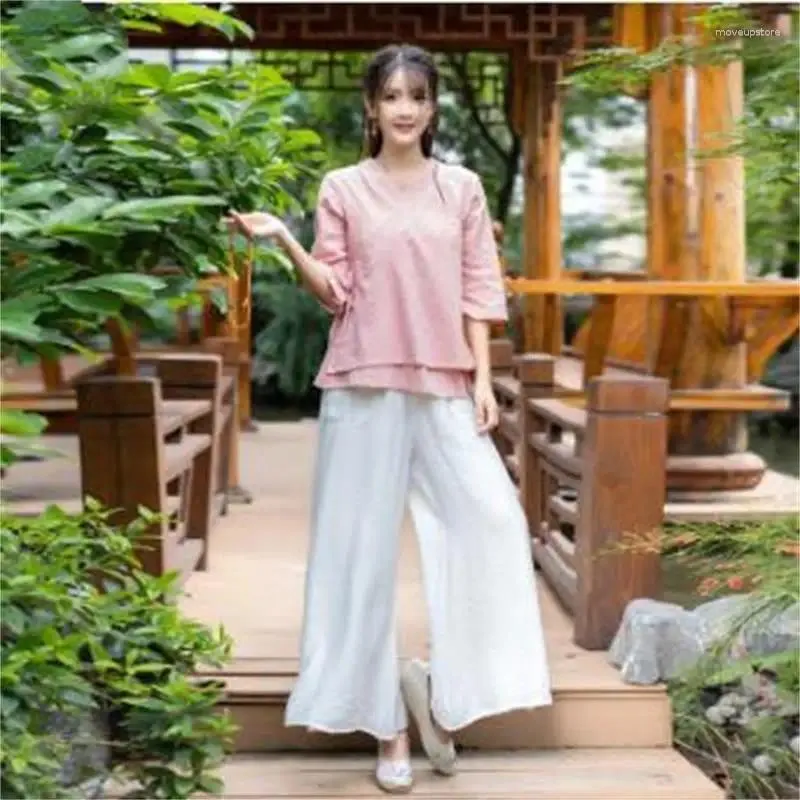 Yoga Outfits Spring Summer Chinese Style Linen Women Suit Fashion Fitness Jogging Femme Wide-leg Trouser 2 Piece Set
