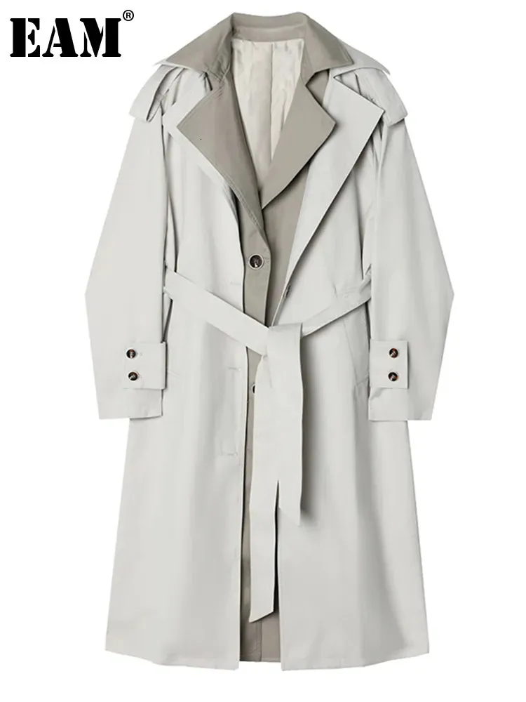 Trenchs de femmes EAM Femmes Gris Couleur-Bloc Grande Taille Trench Revers Manches Longues Coupe Ample Coupe-Vent Mode Printemps Automne 1DE6476 231201