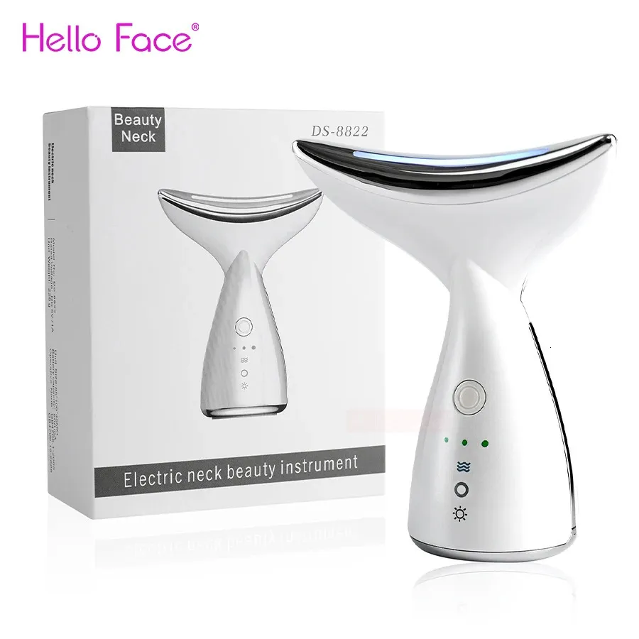 페이스 케어 장치 Hello Face Neck Beauty Device Neck Massage LED PON Therapy Ion 소개 피부 강화 이중 턱 스킨 케어 도구 감소 231201