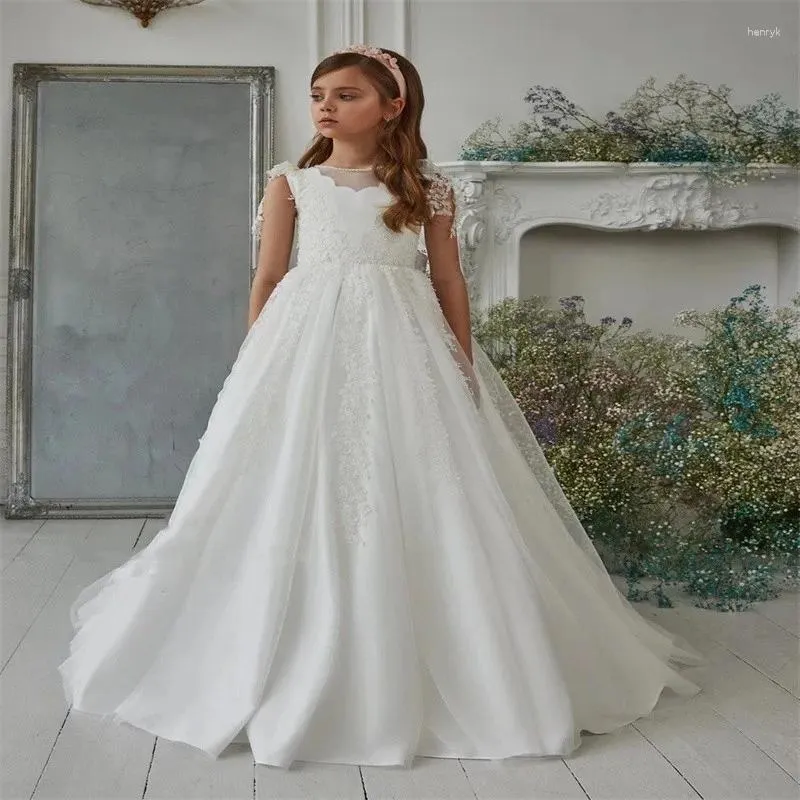 Girl Dresses Boho Satin A Line Flower Floor Length Custom Made First Communion Communication Birthday Wedding Dress