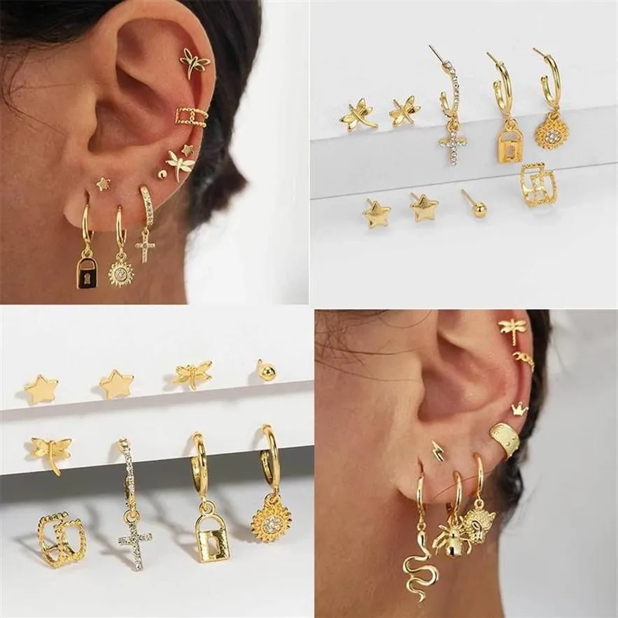 Boucles d'oreilles en or pour femmes, Mini pendants inhabituels, ensembles de boucles d'oreilles en forme d'étoile croisée, bijoux Boho élégants, Clip d'oreille en forme de cœur pour fille, cadeau 214F