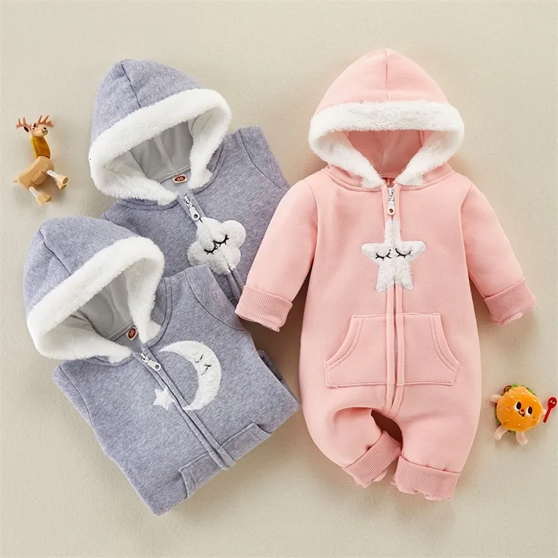 Rompers 0 2 year old born boys and girls winter long sleeve hooded cardigan embroidered star white clouds moon pocket outwear 231201