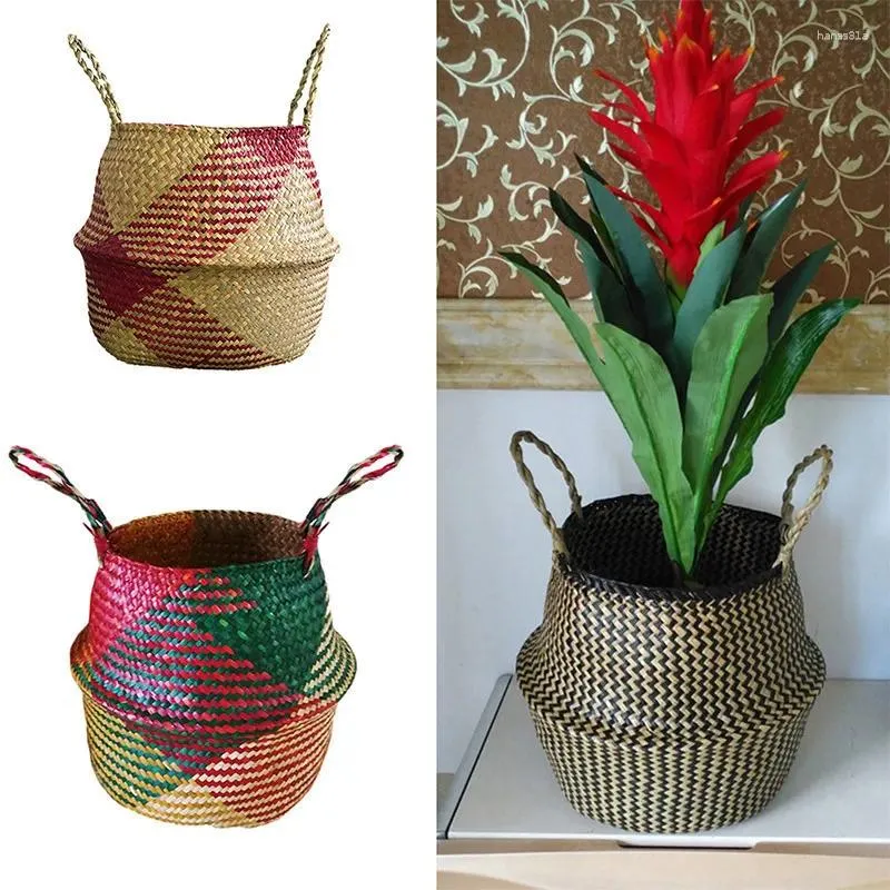 Bouteilles 2023 Style nordique Couleur correspondant aux algues naturelles tissé panier plante pot de fleurs pliable à la main stockage blanchisserie