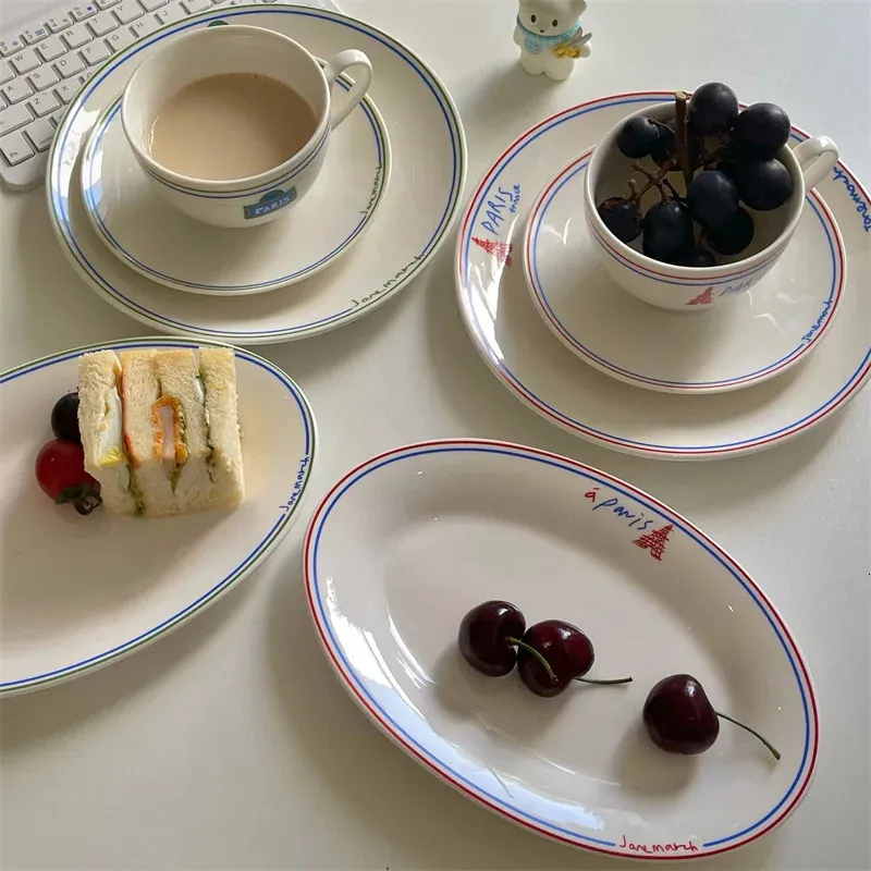 Vaisselle assiettes français rétro rouge et noir avec lignes lettre céramique vaisselle ensemble petit déjeuner assiette poisson Dessert 231202