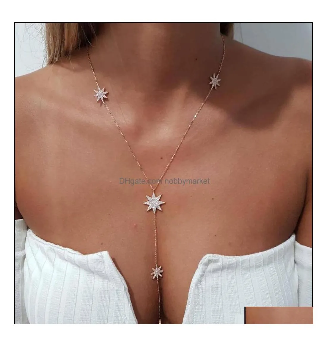 Hänge halsband hängsmycken smycken Micro Pave CZ Sparking Star North Charm Long Women Chain Necklace Y Lariat Summer Sexy Fashion 3391341
