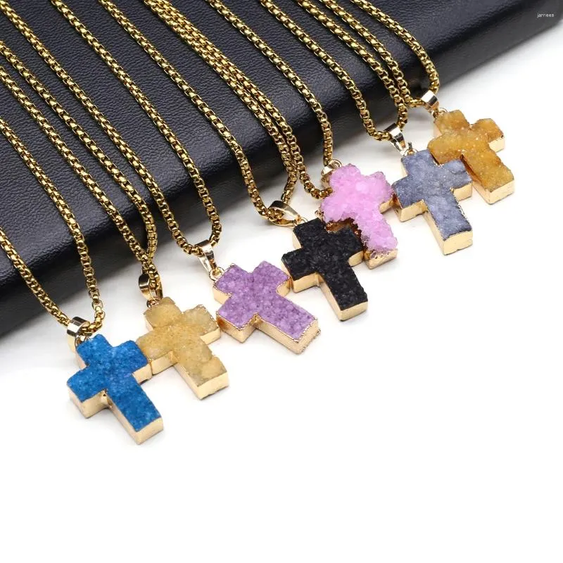 Pendant Necklaces Natural Semi Precious Stone Cross Shaped Crystal Cluster Necklace P;endant Metal Chain Jewelry Gift