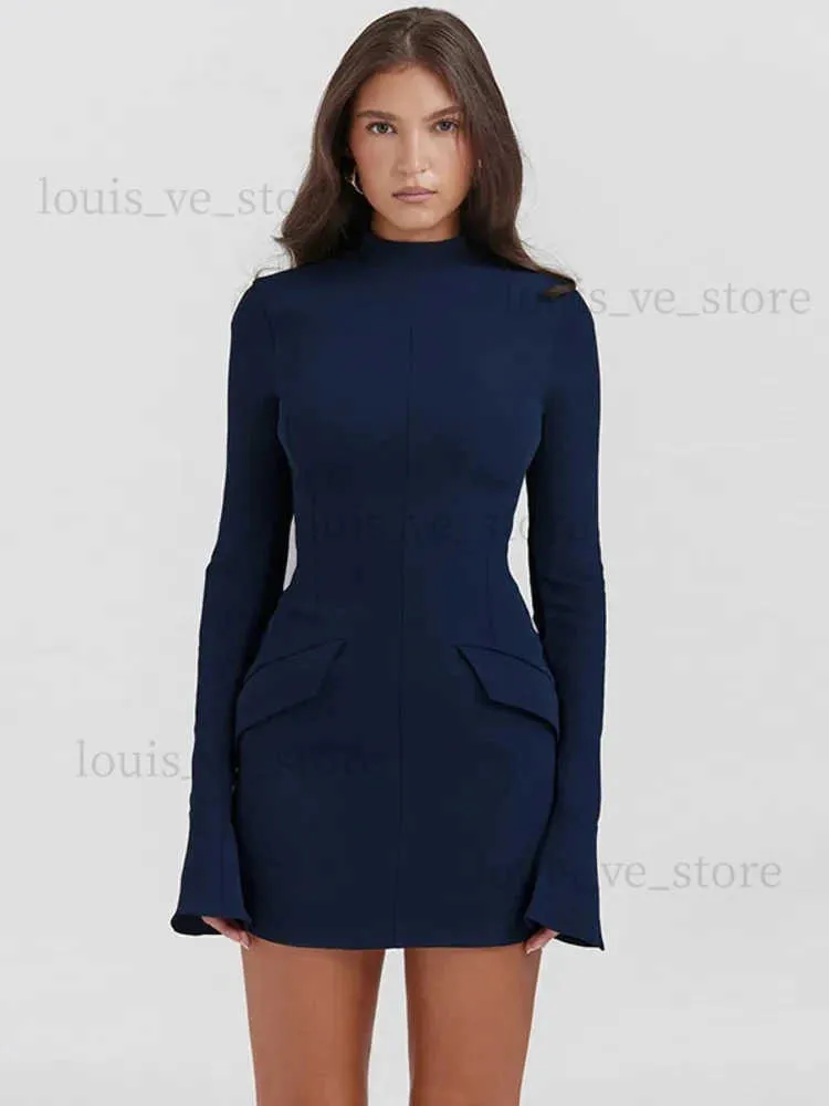 Urban Sexy Dresses Elegant Dark Blue Solid High midja Mini Dress Women Fashion Pocket Decora Långärmad kroppskonklänningar 2023 Chic Party Club Robes T231202