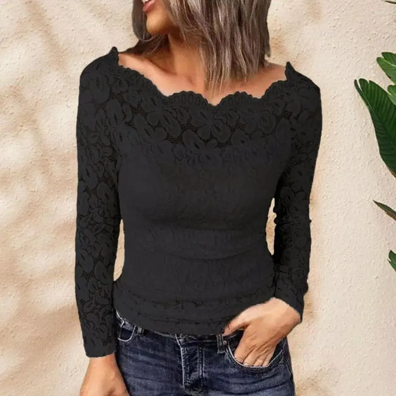 Blusas femininas cor sólida topo bordado camisa de renda topos elegante bordado fora do ombro blusa chique fino ajuste