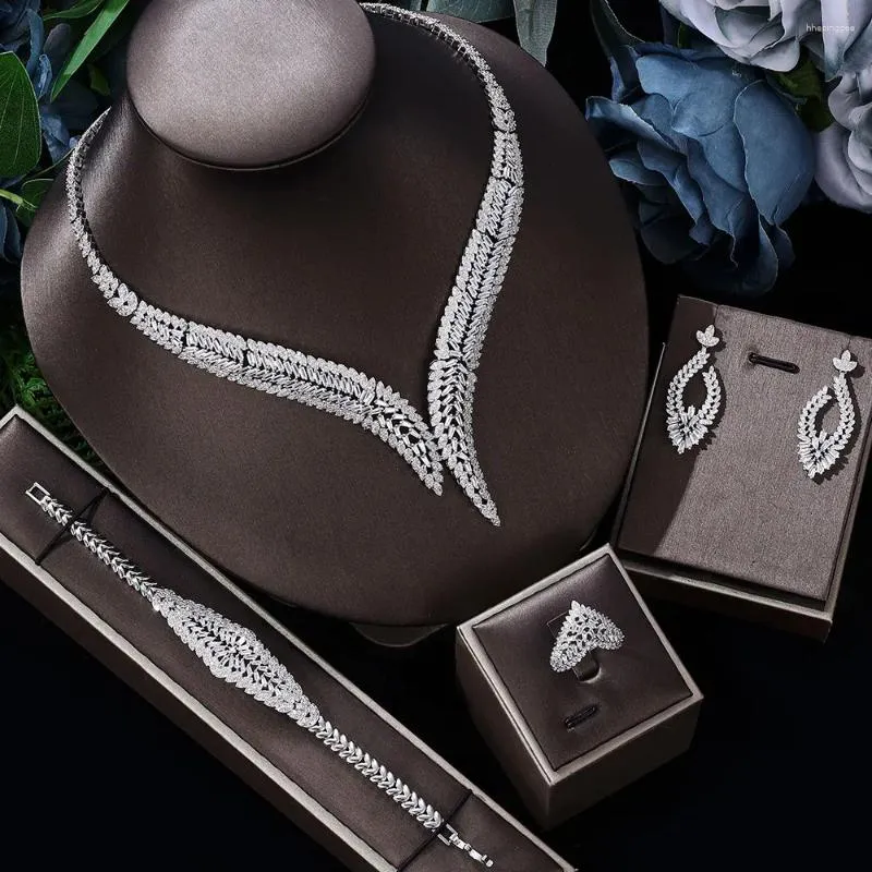 Conjunto de brincos de colar de luxo brilhante zircônia cúbica noivas casamento para mulheres pulseira anel 4 peças