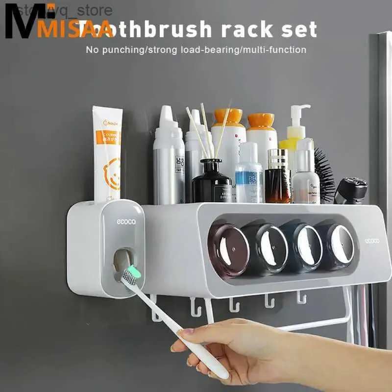 Toothbrush Holders Multifunctional Automatic Toothpaste Dispenser Towel Holder Bao Inverted Bath Toothbrush Rack Large Storage Tray Punch-free Q231202