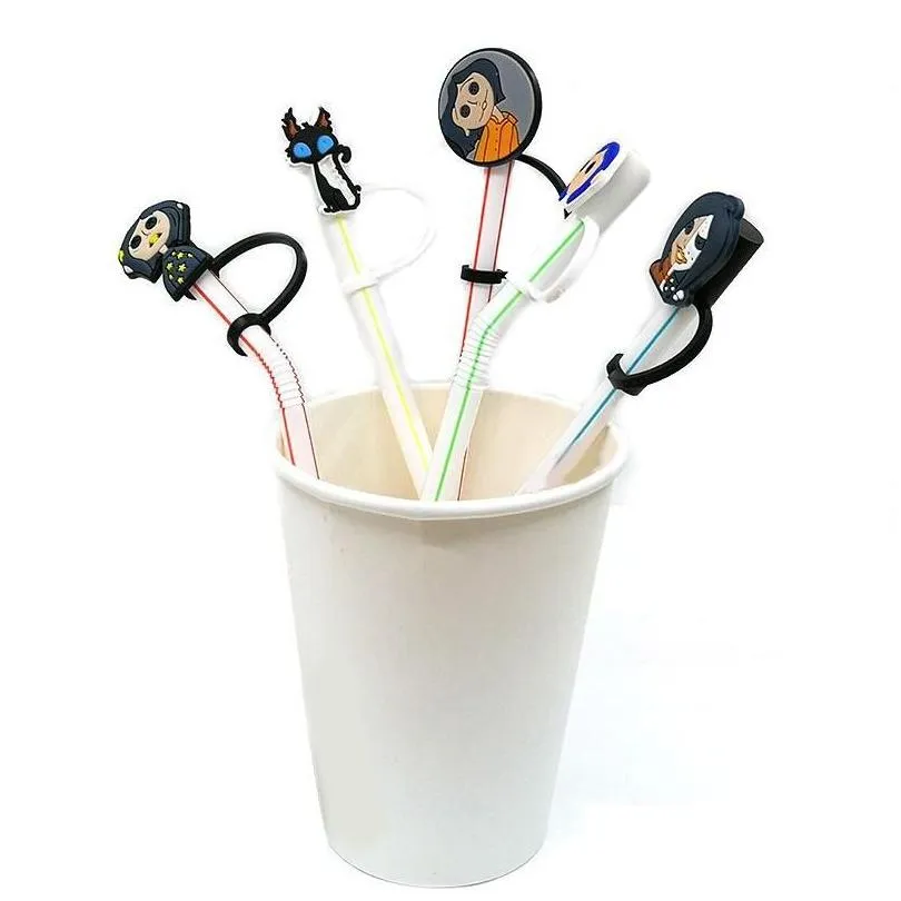 Canudos bebendo Sts Personalizado Coraline A Porta Secreta Soft Sile St Toppers Acessórios Er Charms Reutilizável Reutilizável À Prova de Poeira Plug Decor Dhomh