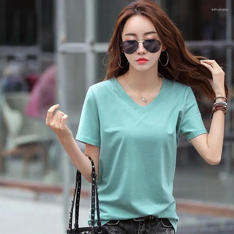 T-shirt da donna Camicia in cotone Donna 2023 Estate Solid Tops Casual Scollo a V Manica corta Tees Donna Stile coreano Abiti da donna Camisetas De