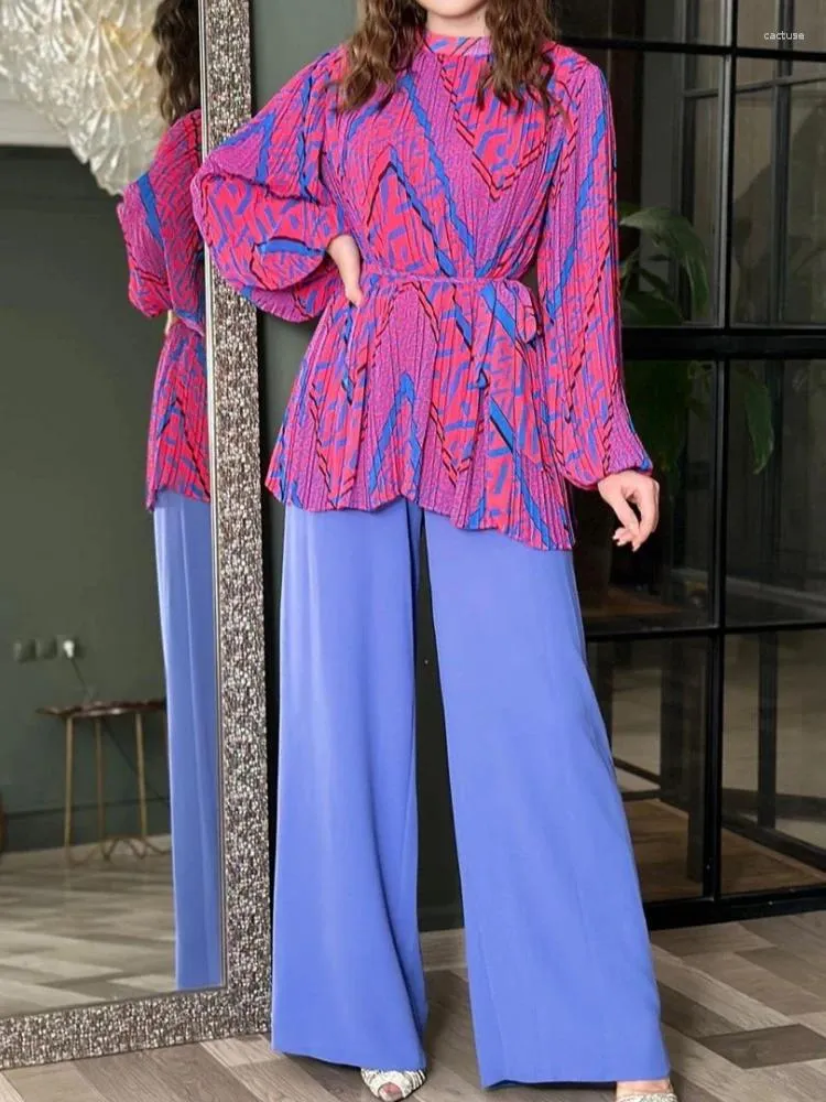 Calças femininas de duas peças 2023 na primavera verão moda elegante solto oversize terno manga longa rugas conjunto feminino streetwear conjuntos de correspondência