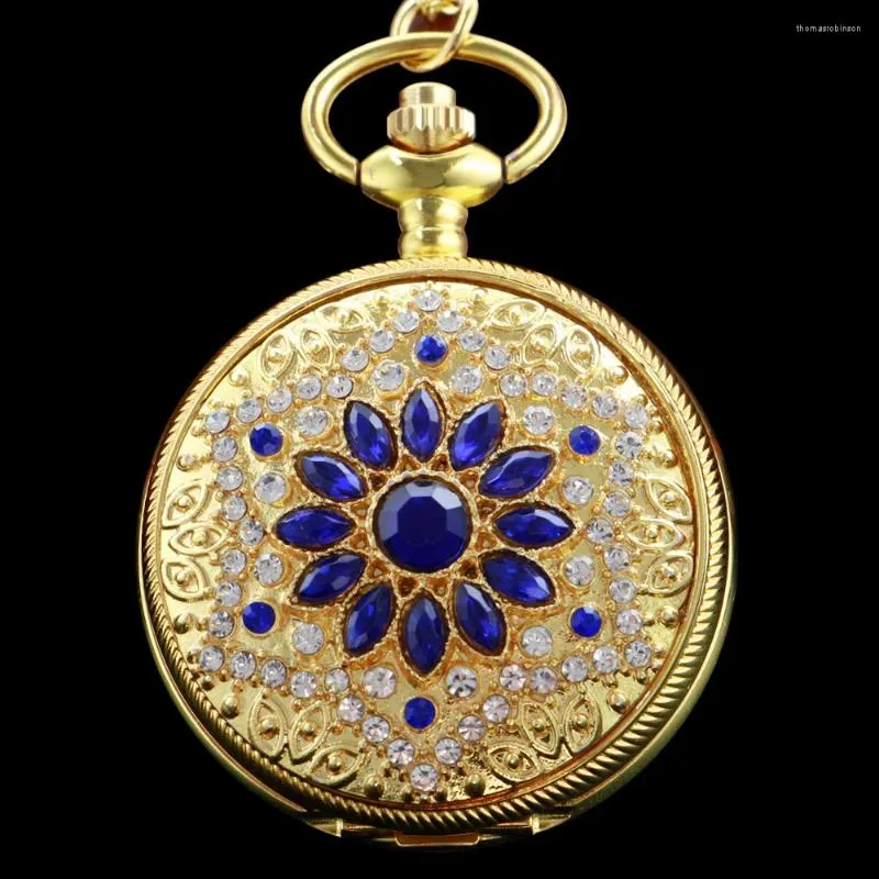 Taschenuhren Luxus Blau Strass Goldkette Quarzuhr Vintage Herren- und Damenhalsketten Anhänger Schmuck Uhr Geschenk