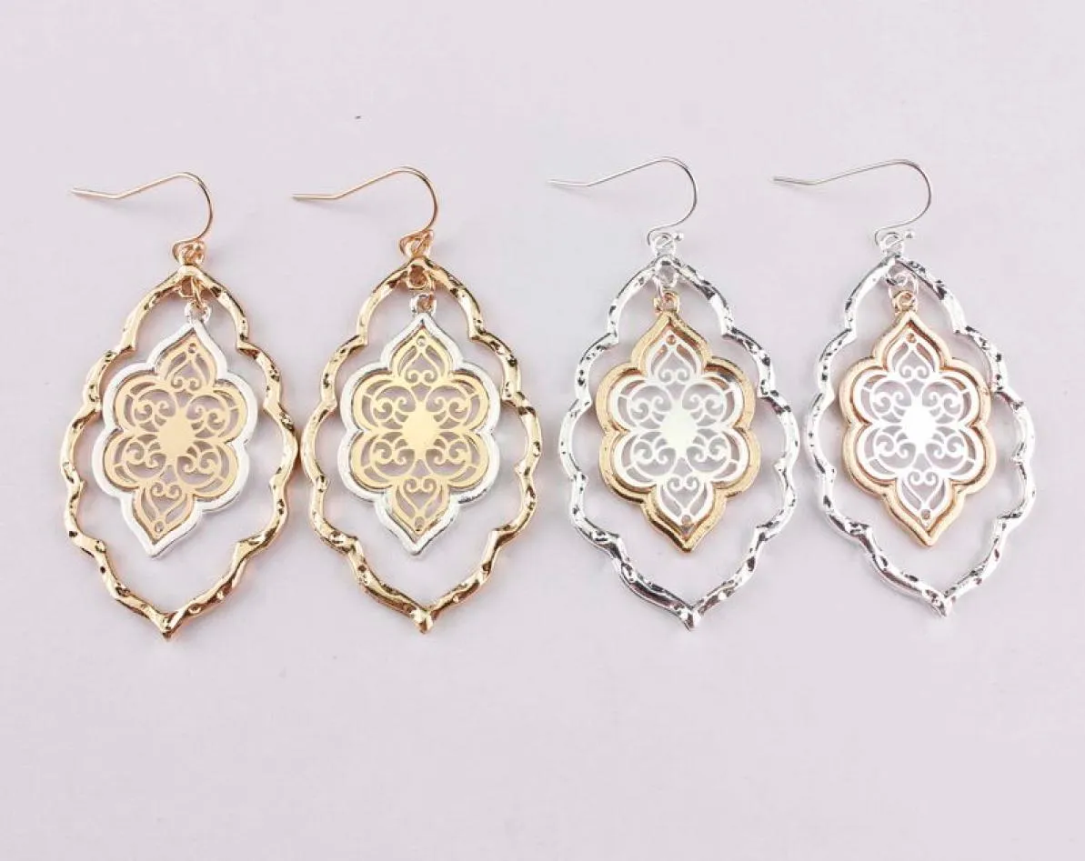 Boucles d'oreilles pendantes pour femmes, lustre marocain découpé, filigrane, cadre bicolore, tendance, 1334893