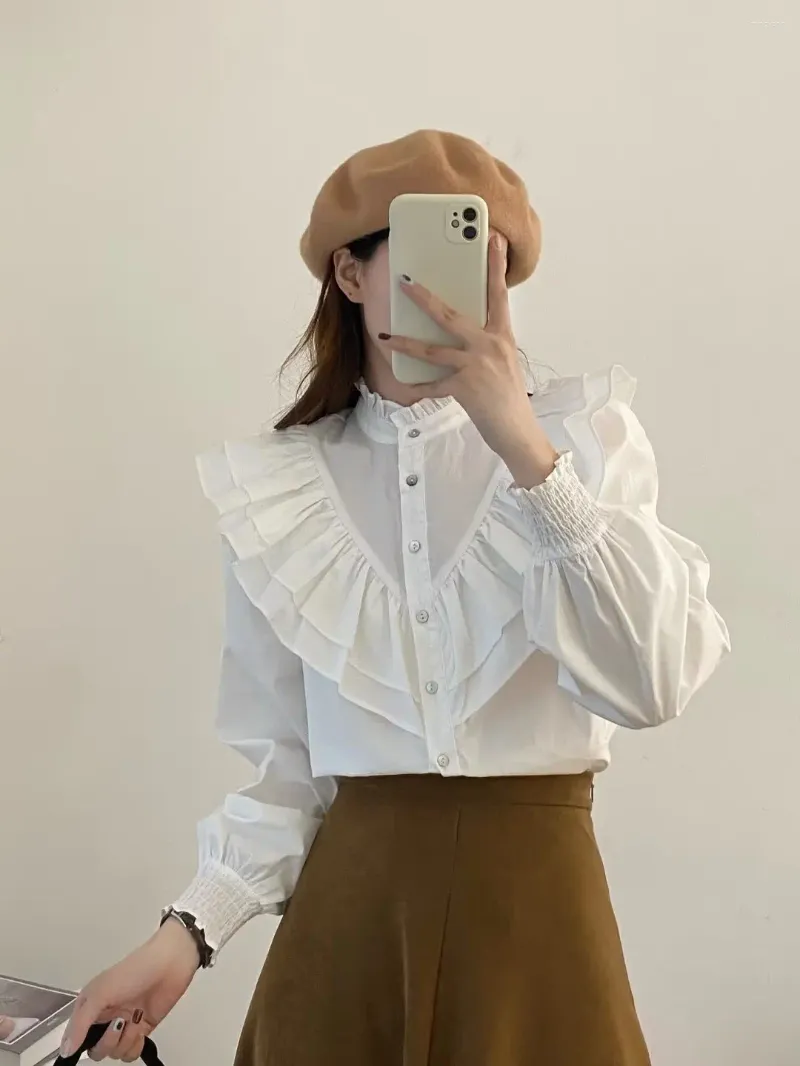 Женские блузки, осенняя рубашка с грибовидным краем, стоячим воротником, белая рубашка с узкими манжетами