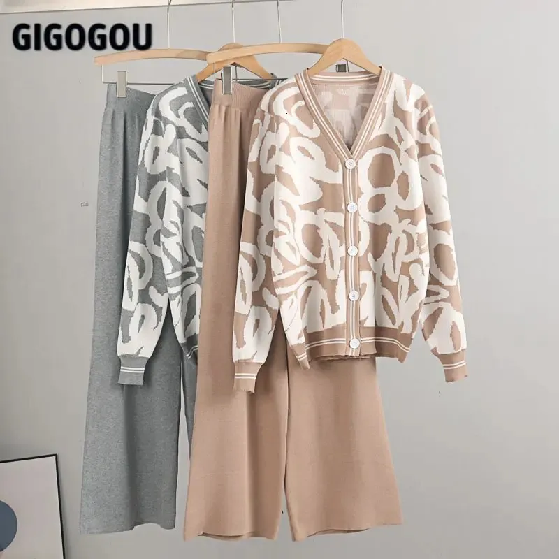 Pantaloni a due pezzi da donna GIGOGOU Leopard Knit Cardigan da donna Maglione Tute Moda Shaking Pantaloni a gamba larga Tute Monopetto Donna Cardigan in maglia 231202