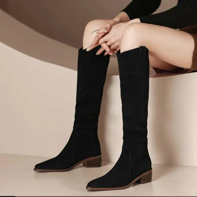 Bottes chaussures pour femmes 2023 Slipon femmes mode genou haute botte couture plissée bout pointu talon carré dames 231201