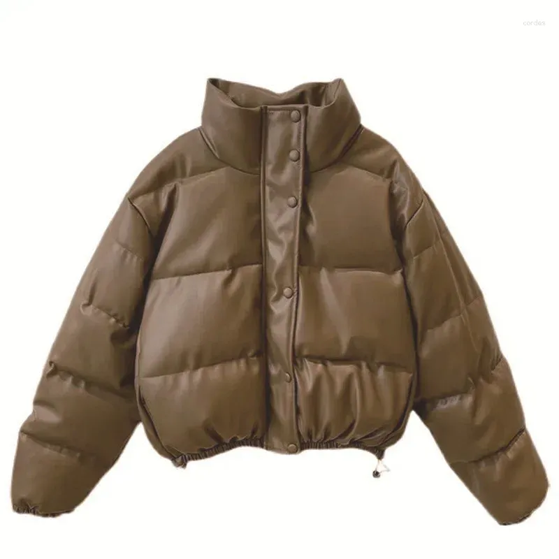 Women's Jackets Standing Collar PU Leather Cotton Jacket Winter Short Loose Padded Coat Korean Female Warm Baseball Outerwear Top