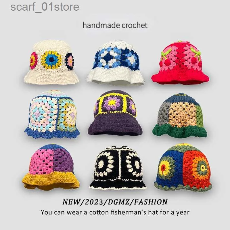 Beanie/Skull Caps Janese Vintage Y2k Crochet Hollow Flower Bucket Hat Women Cotton Handmade Knitting Hat Girl Autumn Sweet Cute Fisherman HatL231202