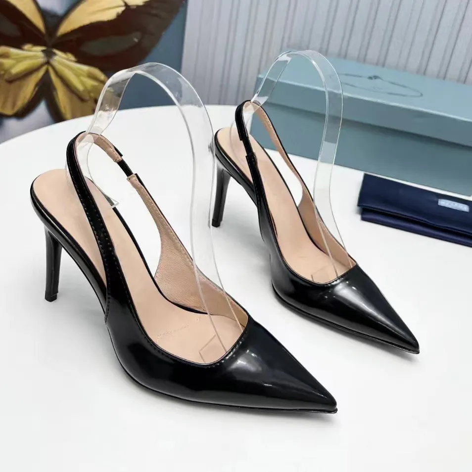 La meilleure marque Slingbacks Femmes Véritable Cuir Talon Haut Pointu De Luxe Designer Sandales Casual Triangle Décoration Temps Robe Chaussures