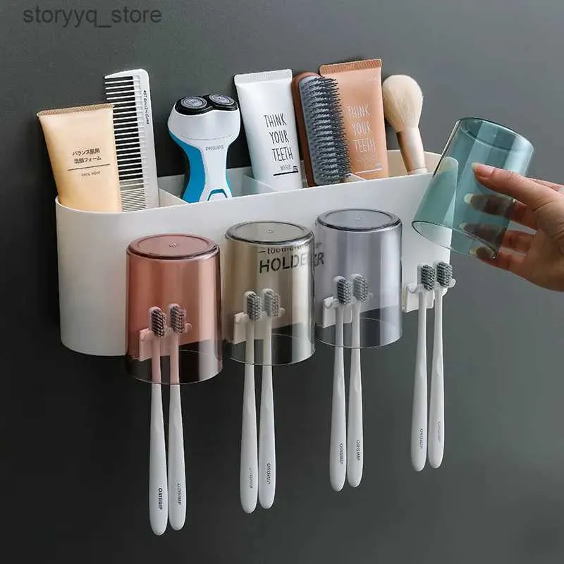 Tandborstehållare väggmonterad tandborstehållare Automatisk tandkrämpressare tandkräm dispenser borstning kopp lagring rack badrumstillbehör Q231202