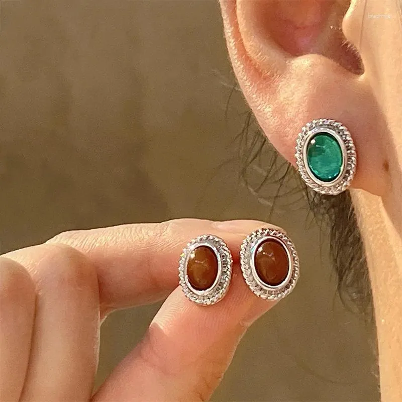 Stud Earrings Vintage Green Brown Crystal Oval For Women 2023 Autumn Winter Retro Court Style Metal Geometric Jewelry