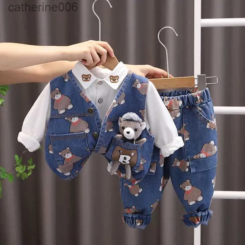 Toddler Boy Sets Denim Vest Long Sleeve Shirt Jeans 2024 Kids Autumn Cartoon Bear Outfits From Catherine006 5.08 DHgate.Com