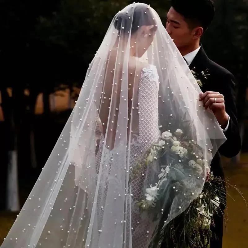 Cathedral Length Wedding Veil: Romantic 1 Tier Pearl Beaded  display picture 3