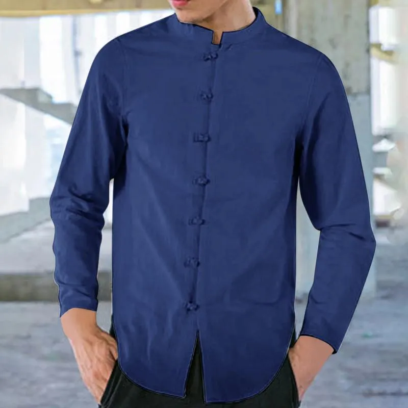 القمصان غير الرسمية للرجال زر الصينيين الزر رجالي ألوان صلبة الحجم كبير الحجم طويل الأكمام قميص قميص ذكور عالي الرقبة رجل الكاميس