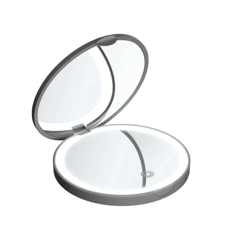 Kompaktspiegel Mini-LED-beleuchteter Make-up-Spiegel, rund, tragbar, faltbar, kompakt mit leichter USB-Hand-Make-up-Lupe 231202