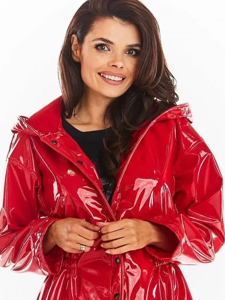 Damen-Trenchcoats, glänzender Lackleder-Parka für Damen, Kapuzenmantel mit Tasche, langärmelige Jacke aus Kunstlatex, Knopf-PVC-Regenmantel, individuell 231202