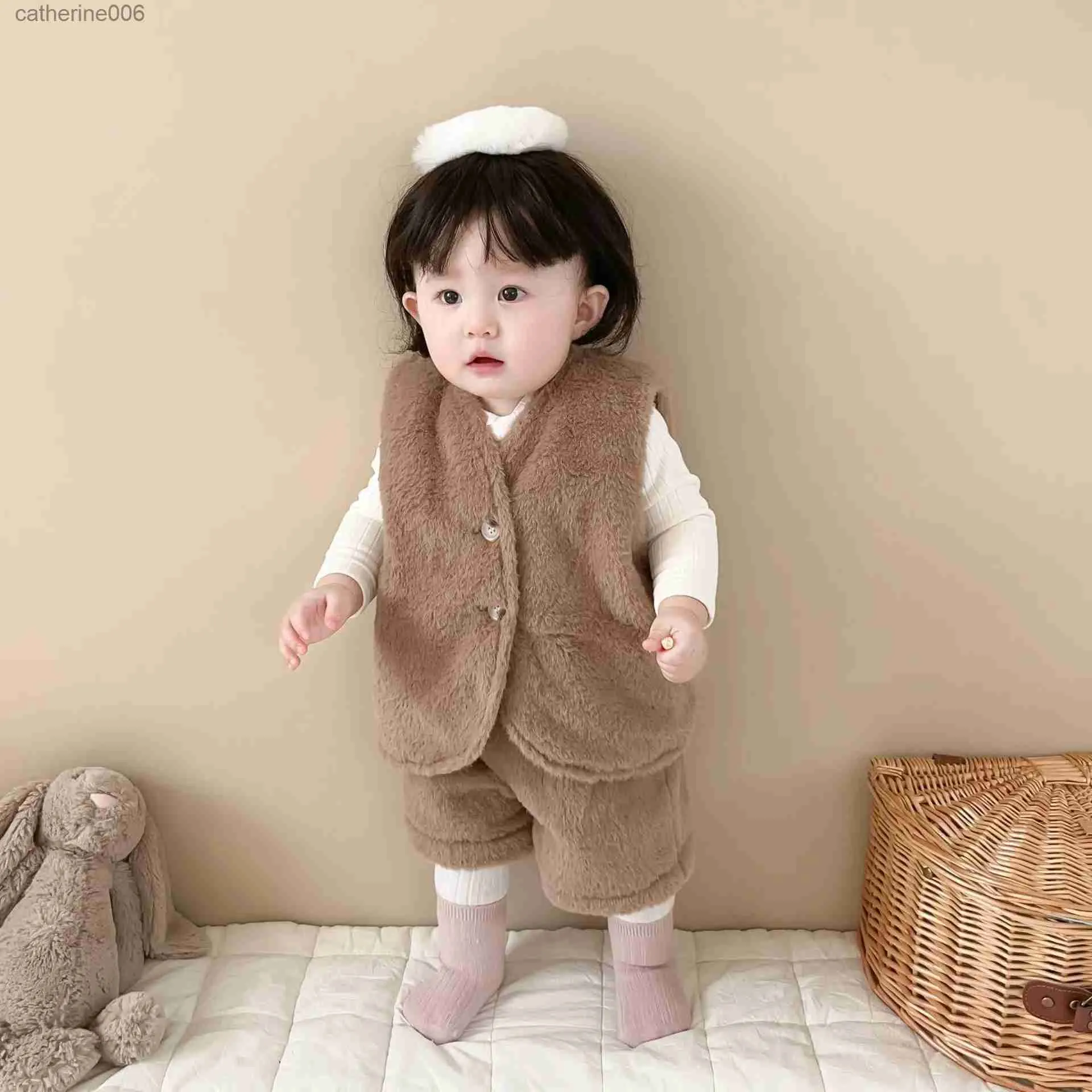 Kleidungssets Herbst Winter Baby Mädchen 3PCS Kleidung Set Baumwolle Solide Boden Hemd Gepolsterte Kaninchen Ohren Weste Shorts Anzug Kleinkind mädchen OutfitsL231202