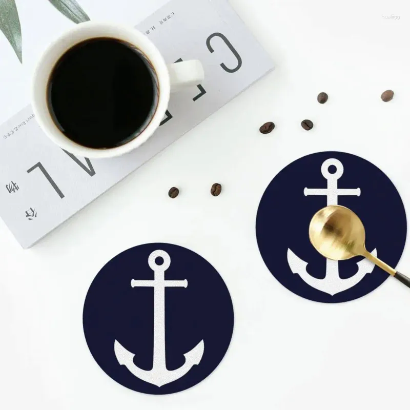 Table Mats White Anchor On Navy Blue Coasters Kitchen Placemats Waterproof Insulation Cup Coffee Mat For Decor Home Tableware Pads Set Of 4