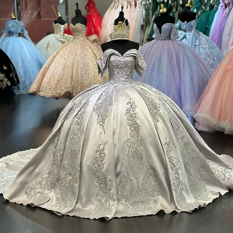 Robe mexicaine De 15 Anos argentée Quinceanera robes dentelle Appliques perles Corset hors de l'épaule douce 16 robe Abiti Da Cerimonia