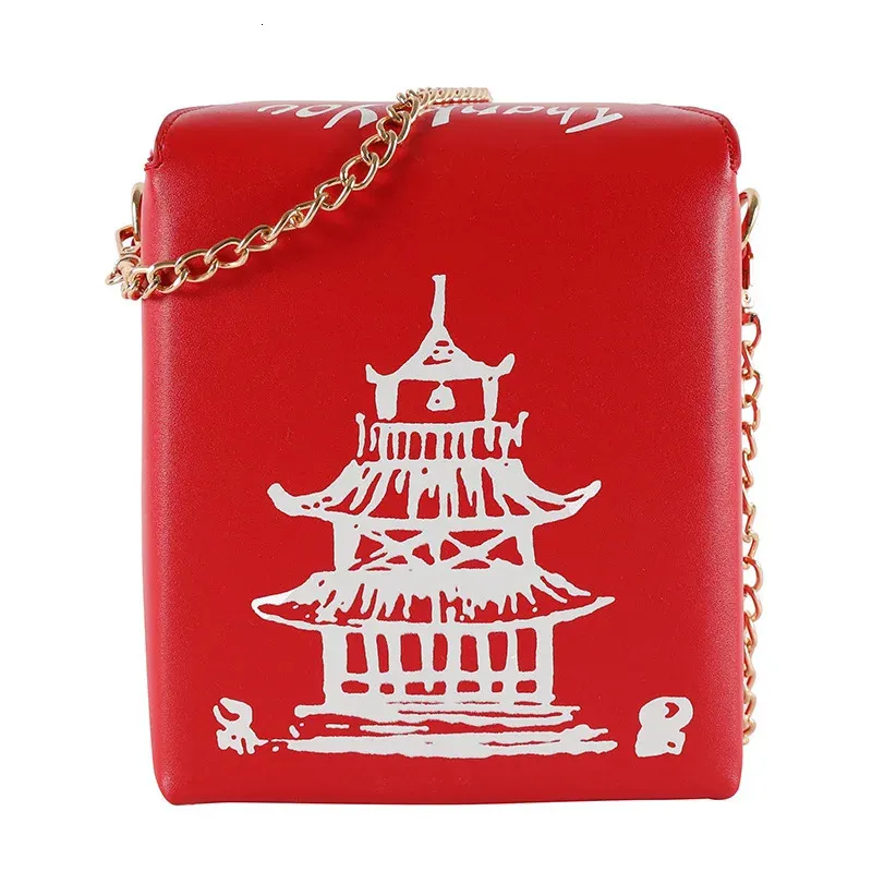 Evening Bags Fashion Creative Chinese Style Pu Chain Crossbody Bag Personality Red Tower Printed 231201