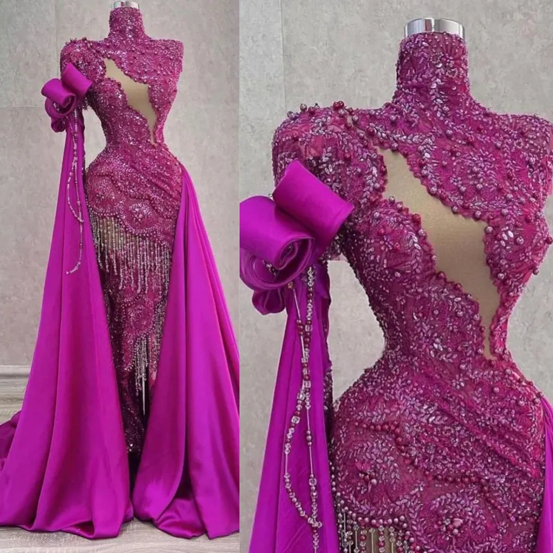 2023 Plus Taille Aso Ebi Robes De Bal Raisin Sirène Col Haut Dentelle Perles Robe De Fête D'anniversaire pour Les Filles Noires Deuxième Réception Gala Robes De Soirée Étincelantes ST567